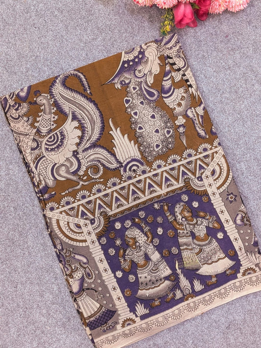 Mustard Brown & Royal Purple Kalamkari Soft Cotton Saree with Figure Motifs & Mayur Prints with Border