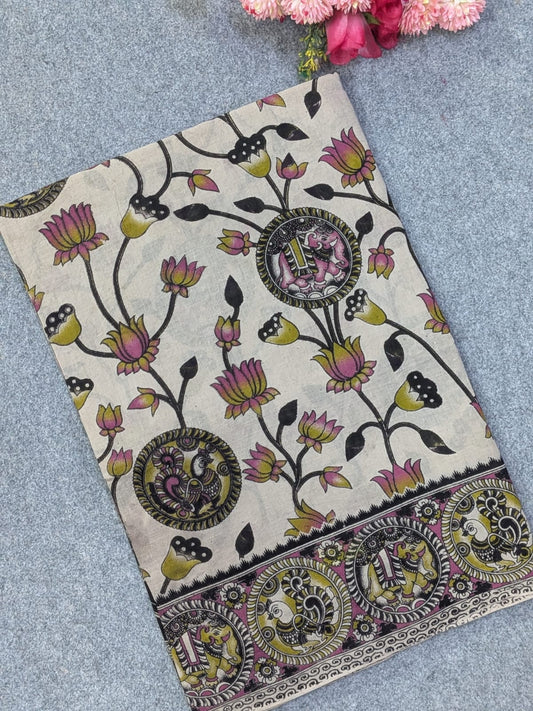 Off-White & Lotus Pink Kalamkari Soft Cotton Saree with Lotus Vines & Medallion Border