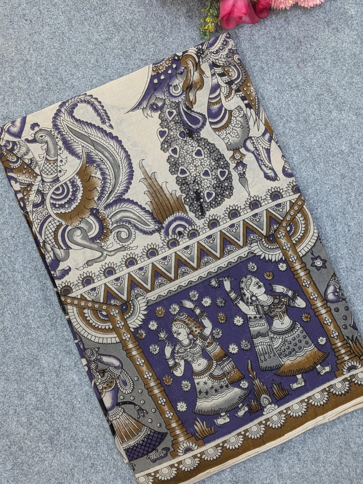 Off-White & Purple Kalamkari Soft Cotton Saree with Figure Motifs & Mayur Prints Border