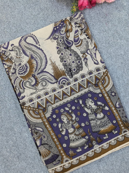 Off-White & Purple Kalamkari Soft Cotton Saree with Figure Motifs & Mayur Prints Border