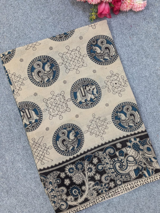 Off-White & Indigo Blue Kalamkari Soft Cotton Saree with Kolam Prints & Elephant-Peacock Motifs Border