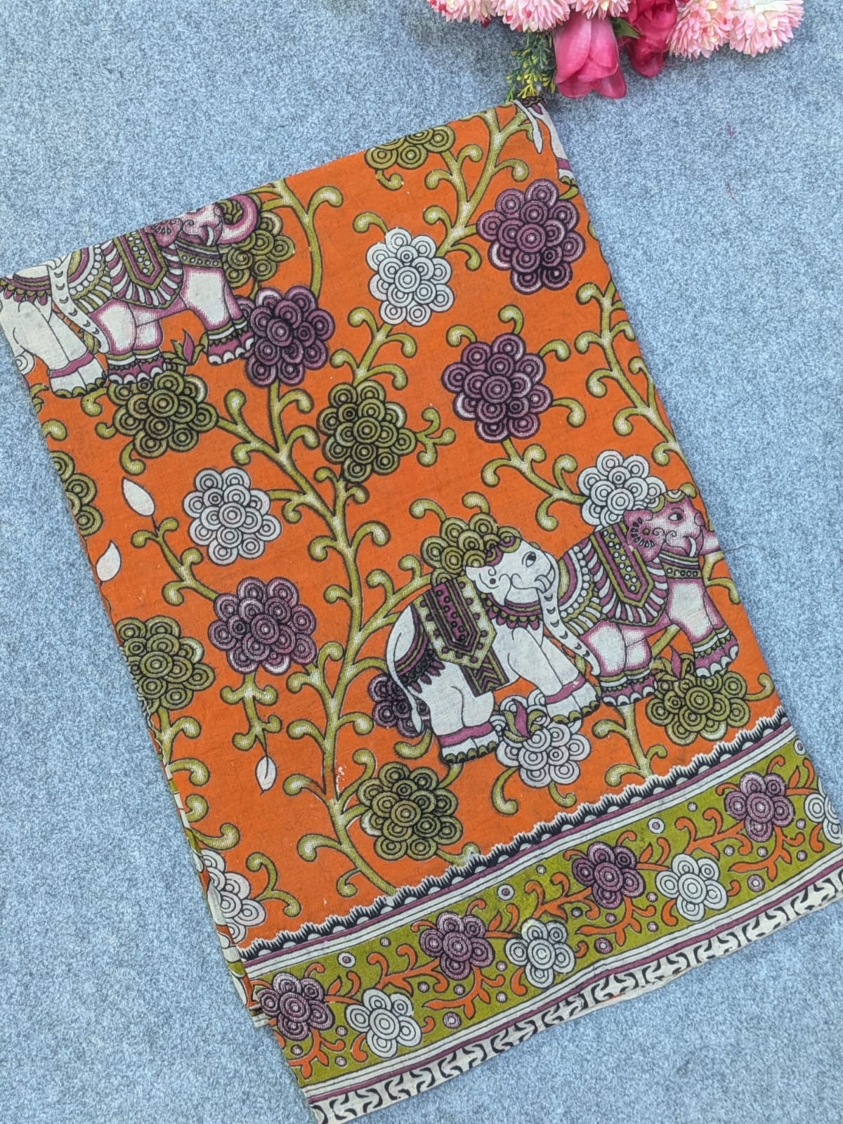 Orange & Olive Green Kalamkari Soft Cotton Saree with Royal Elephant Motifs Border