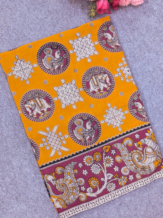 Mustard Yellow & Wine Plum Kalamkari Soft Cotton Saree with Kolam Prints & Elephant-Peacock Motifs Border