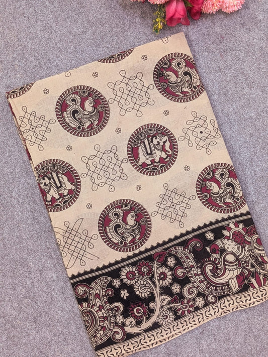 Off-White & Maroon Kalamkari Soft Cotton Saree with Kolam Prints & Elephant-Peacock Motifs Border