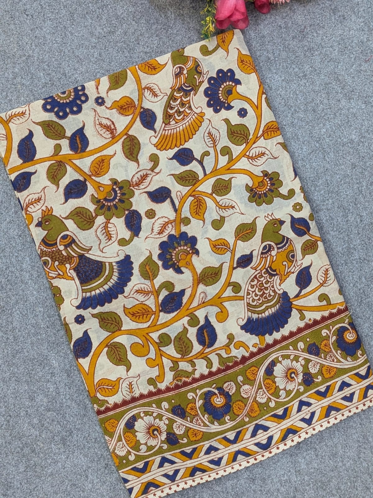 Off-White & Olive Green Kalamkari Soft Cotton Saree with Peacock Vines & Chevron Border