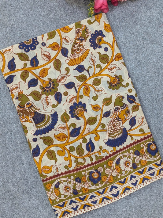 Off-White & Olive Green Kalamkari Soft Cotton Saree with Peacock Vines & Chevron Border