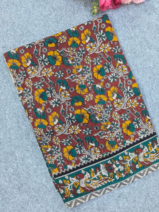 Maroon & Teal Green Kalamkari Soft Cotton Saree with All-Over Floral Vines & Peacock Border