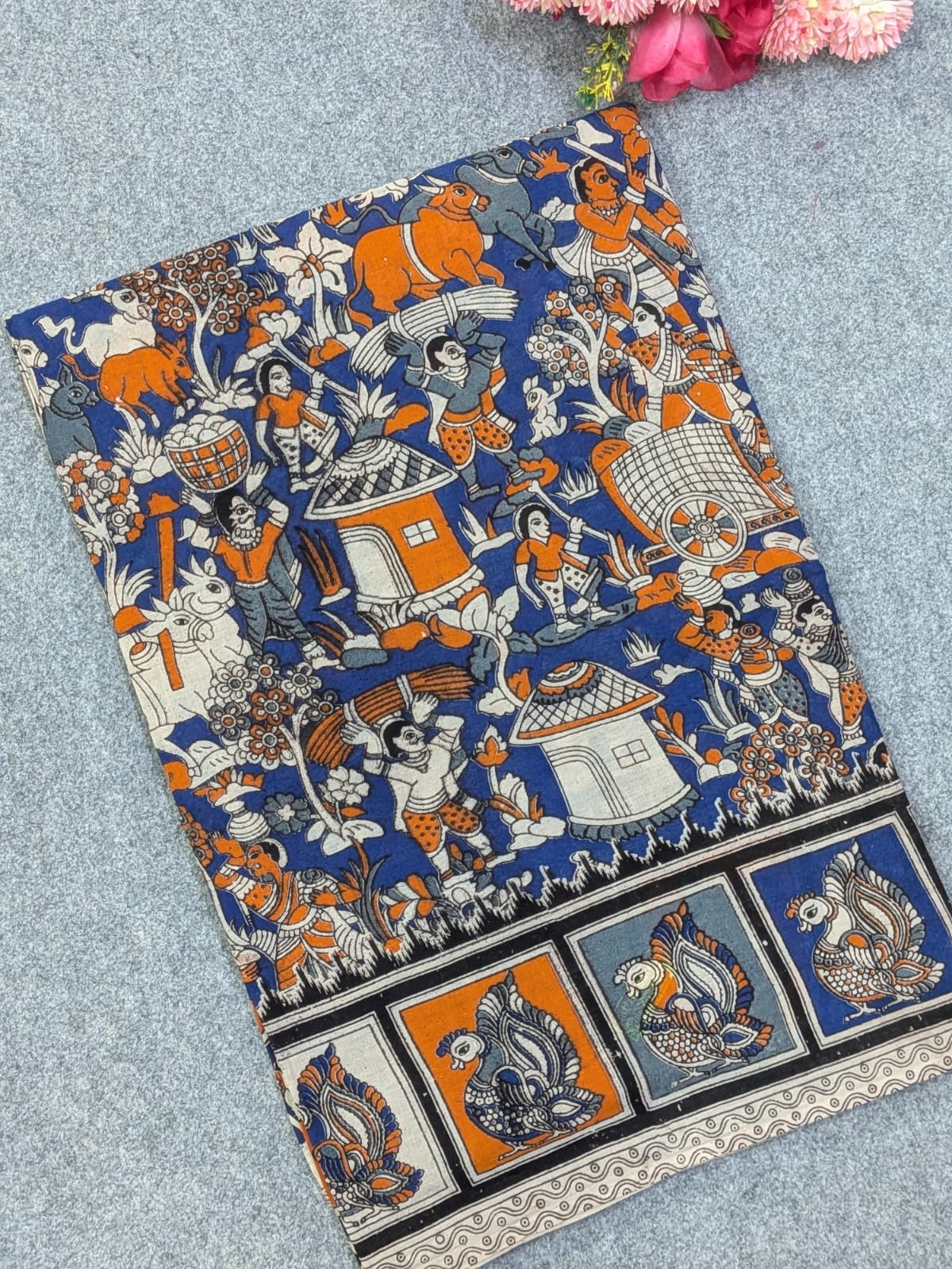Blue & Orange Kalamkari Soft Cotton Saree with Village Life Folklore Art & Bird Motifs Border