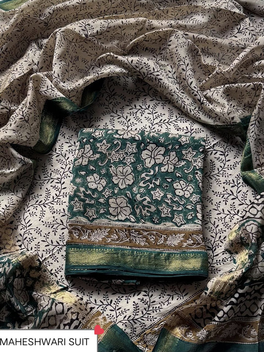 Beautiful Hand Block Print Maheshwari Silk Unstitched Suit Set – Forest Green, Cream & Charcoal Leafy Jaal with Gold Zari Border