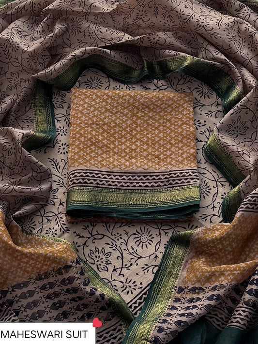 Beautiful Hand Block Print Maheshwari Silk Unstitched Suit Set – Mustard Yellow, Dust Beige & Forest Green Floral Jaal with Gold Zari Border