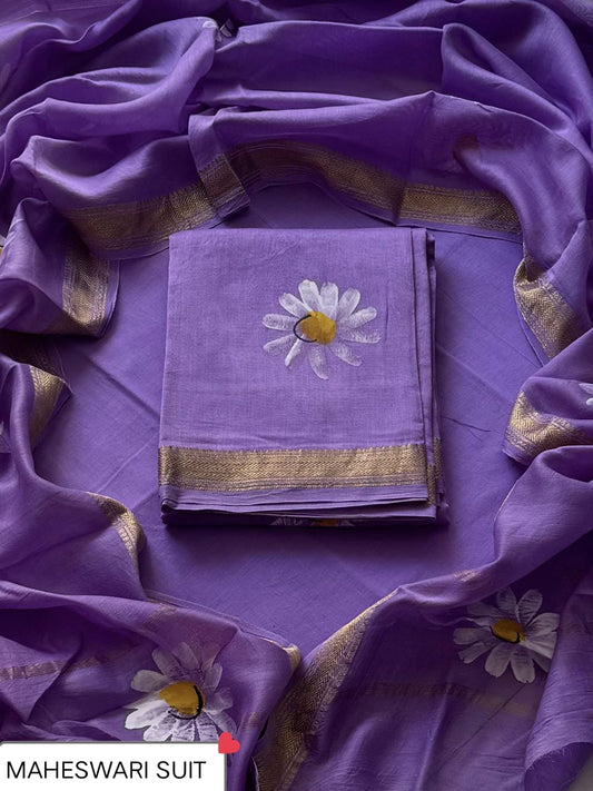 Beautiful Hand Block Print Maheshwari Silk Unstitched Suit Set – Lavender Violet Daisy Floral Motif with Gold Zari Border