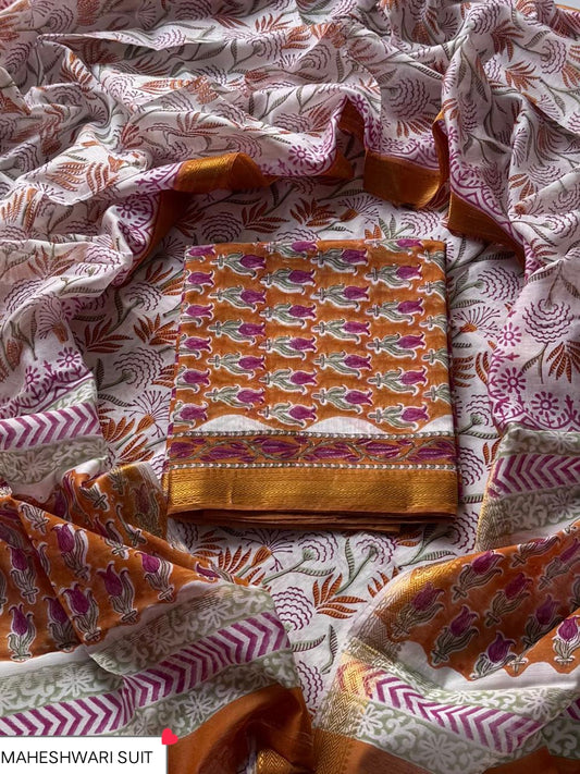 Beautiful Hand Block Print Maheshwari Silk Unstitched Suit Set – Rust Orange, Off-White & Magenta Floral Jaal with Gold Zari Border
