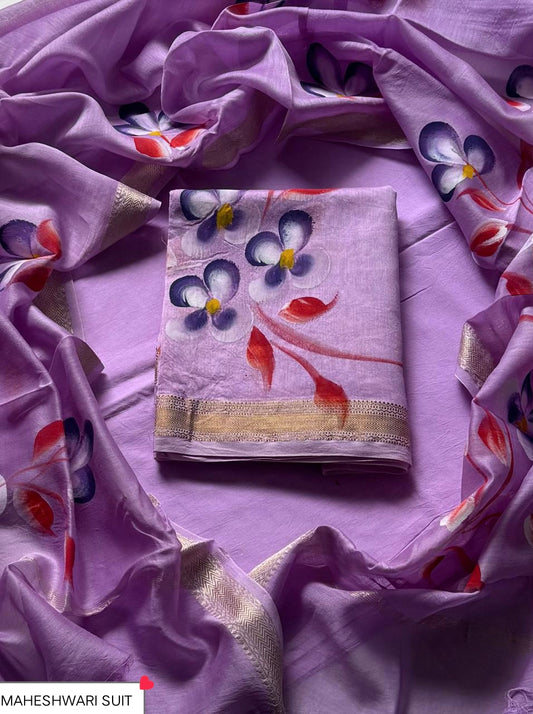 Beautiful Hand Block Print Maheshwari Silk Unstitched Suit Set – Lilac Purple Pansy Floral Motif with Gold Zari Border