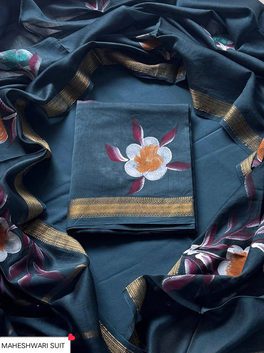 Beautiful Hand Block Print Maheshwari Silk Unstitched Suit Set – Charcoal Teal Floral Motif with Gold Zari Border