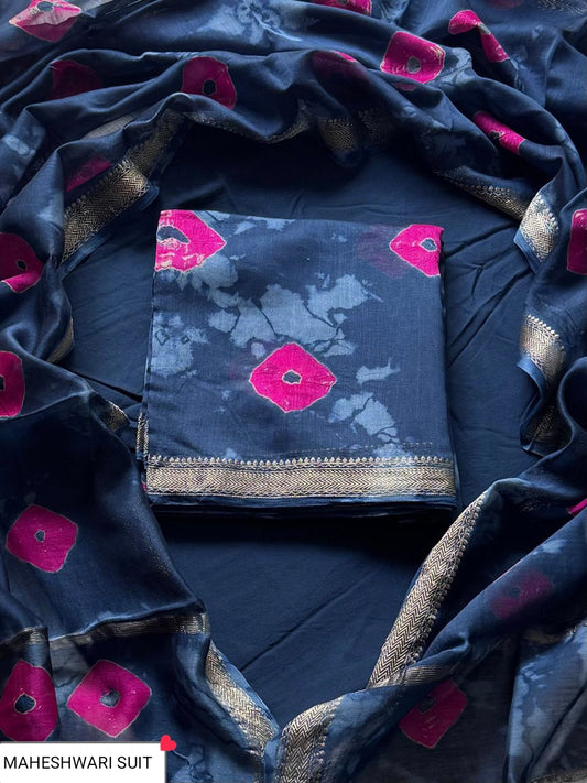 Beautiful Hand Block Print & Shibori Tie-Dye Maheshwari Silk Unstitched Suit Set – Indigo Blue & Rani Pink Diamond Bandhani Motif with Gold Zari Border
