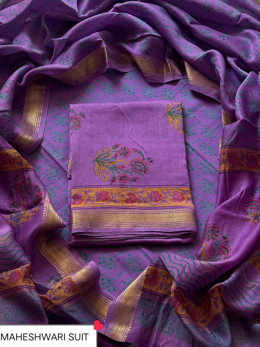Beautiful Hand Block Print Maheshwari Silk Unstitched Suit Set – Mauve Purple & Pink Floral Mughal Motif with Gold Zari Border