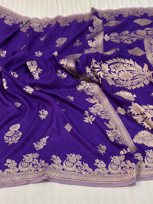 Handloom Banarasi Pure Mashru Silk Saree in Purple – Pure Reshami Zari Brocade