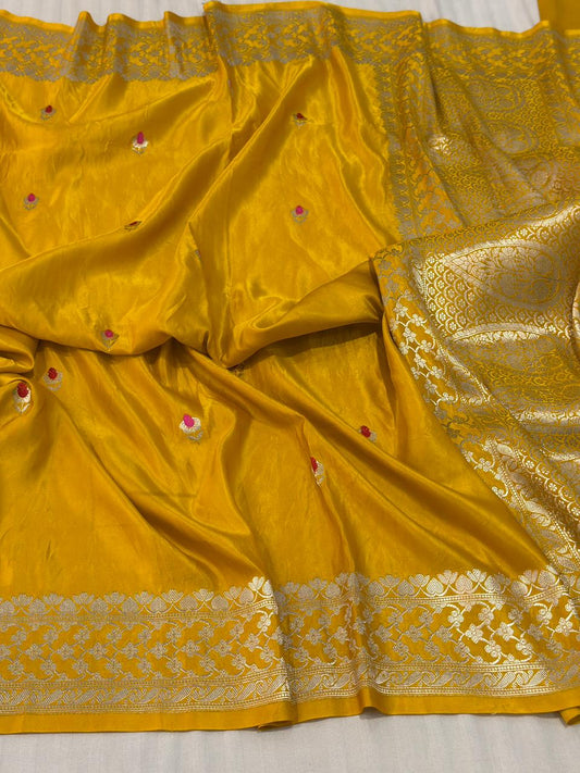 Handloom Banarasi Pure Mashru Silk Saree in Bright Mustard Yellow – Silver Reshami Zari Brocade