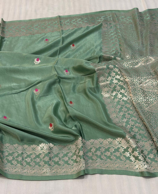 Handloom Banarasi Pure Mashru Silk Saree in Soft Sea Green – Silver Reshami Zari Brocade & Meenakari Buttis