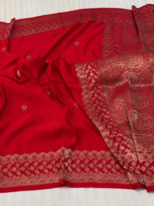 Handloom Banarasi Pure Mashru Silk Saree in Bright Red – Gold Reshami Zari Brocade & Meenakari Buttis