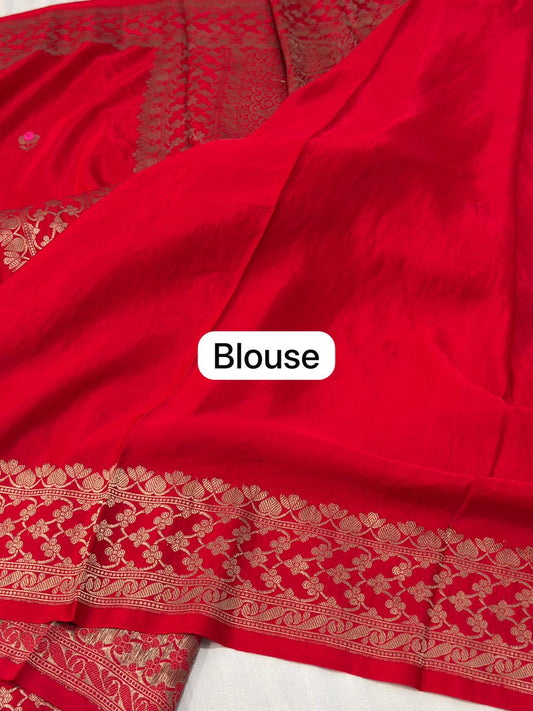 Handloom Banarasi Pure Mashru Silk Saree in Bright Red – Gold Reshami Zari Brocade & Meenakari Buttis