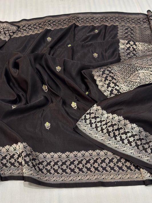 Handloom Banarasi Pure Mashru Silk Saree in Midnight Black – Silver Reshami Zari Brocade & Delicate Floral Buttis