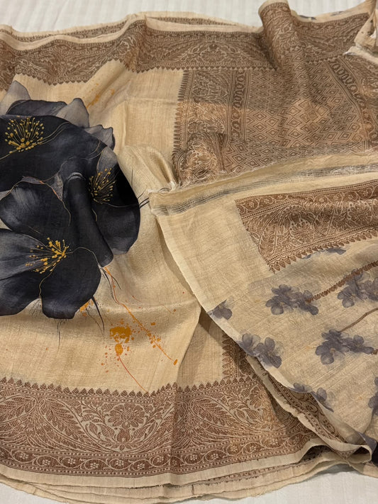 Pure Tussar Silk Handloom Banarasi Saree in Beige with Charcoal Grey-Black  Floral Digital Print & Copper Zari Border