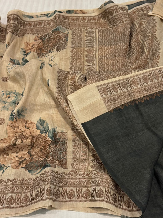 Pure Tussar Silk Handloom Banarasi Saree in Cream/Beige with Vintage Floral Print & Copper Zari Border