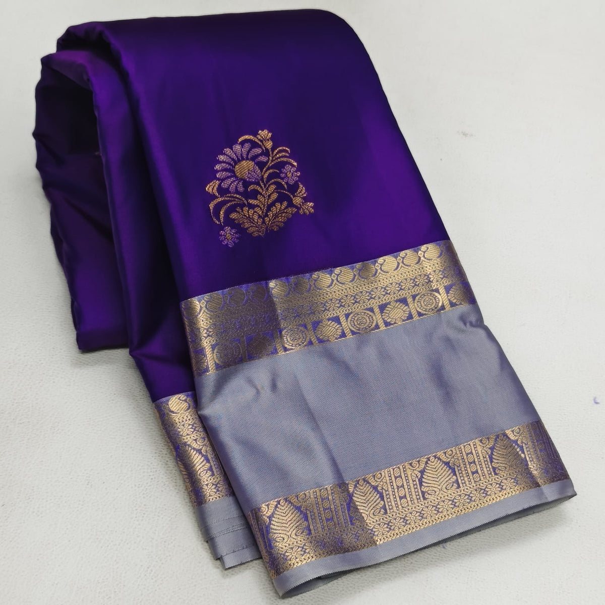 Elegant Royal Purple Semi Silk Saree with Grey Contrast Bentex Zari Border 