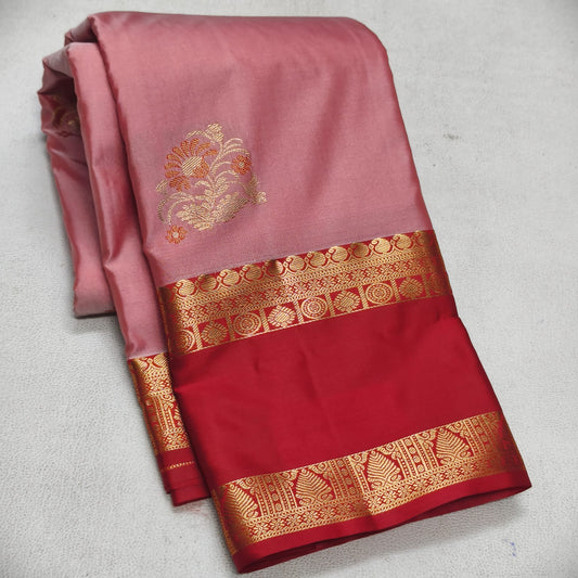 Elegant Dusty Rose Semi Silk Saree with Red Contrast Bentex Zari Border
