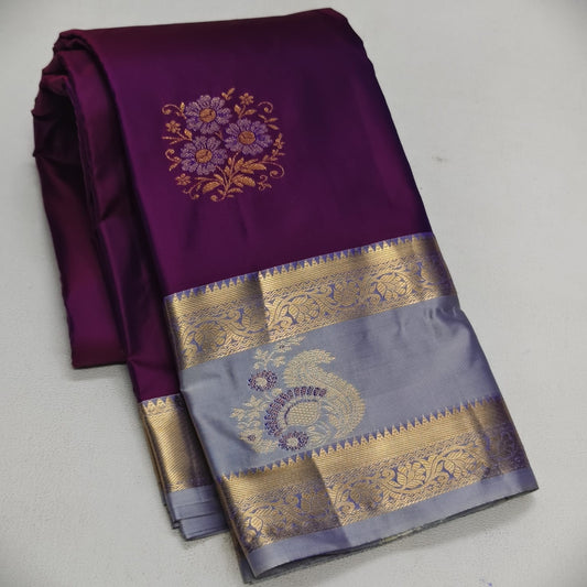 Elegant Purple Semi Silk Saree with Silver-Grey Contrast Bentex Zari Border |