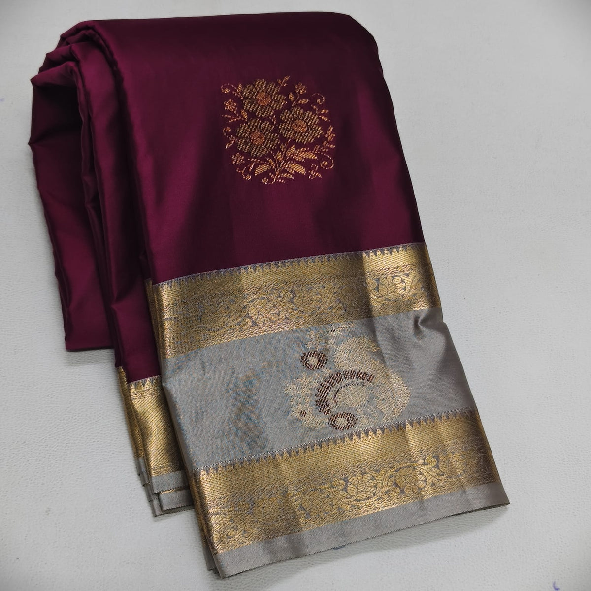 Elegant Deep Purple Semi Silk Saree with Silver-Grey Contrast Bentex Zari Border |