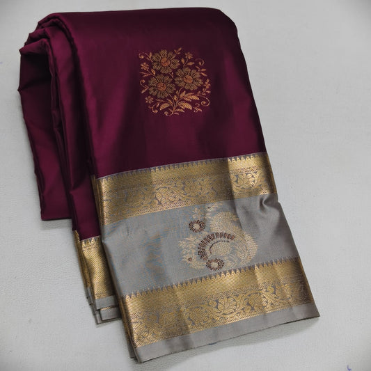 Elegant Deep Purple Semi Silk Saree with Silver-Grey Contrast Bentex Zari Border |
