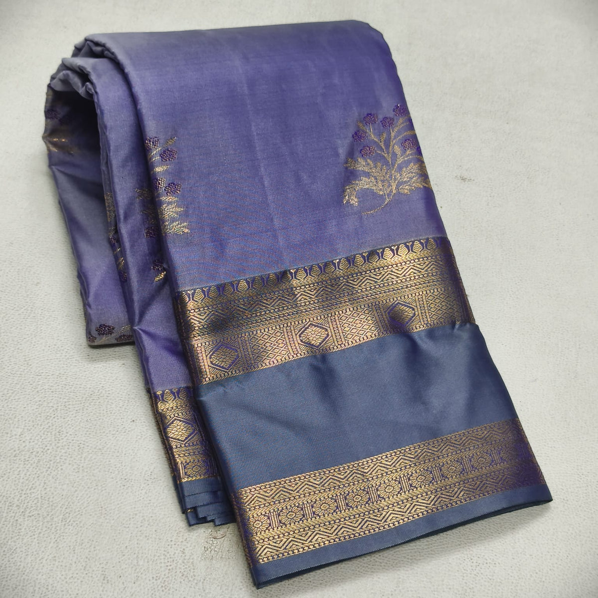 Graceful Lavender Grey Semi Silk Saree with Steel Blue Contrast Bentex Zari Border
