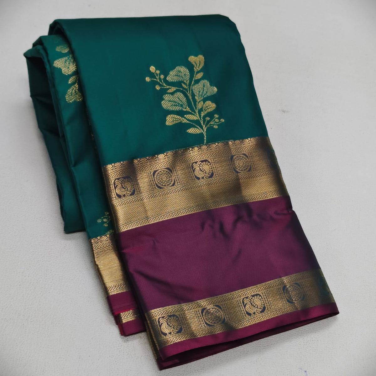 Elegant Peacock Green Semi Silk Saree with Purple Contrast Bentex Zari Border |