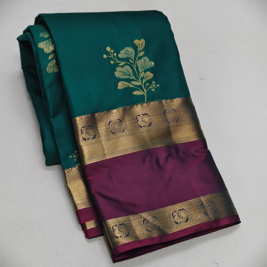 Elegant Peacock Green Semi Silk Saree with Purple Contrast Bentex Zari Border |