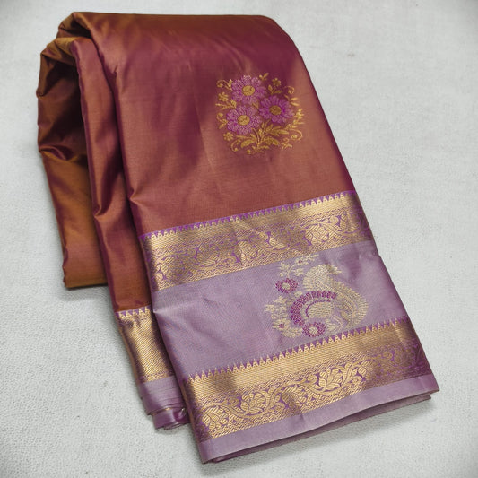 Elegant Copper Rust Semi Silk Saree with Mauve Contrast Bentex Zari Border