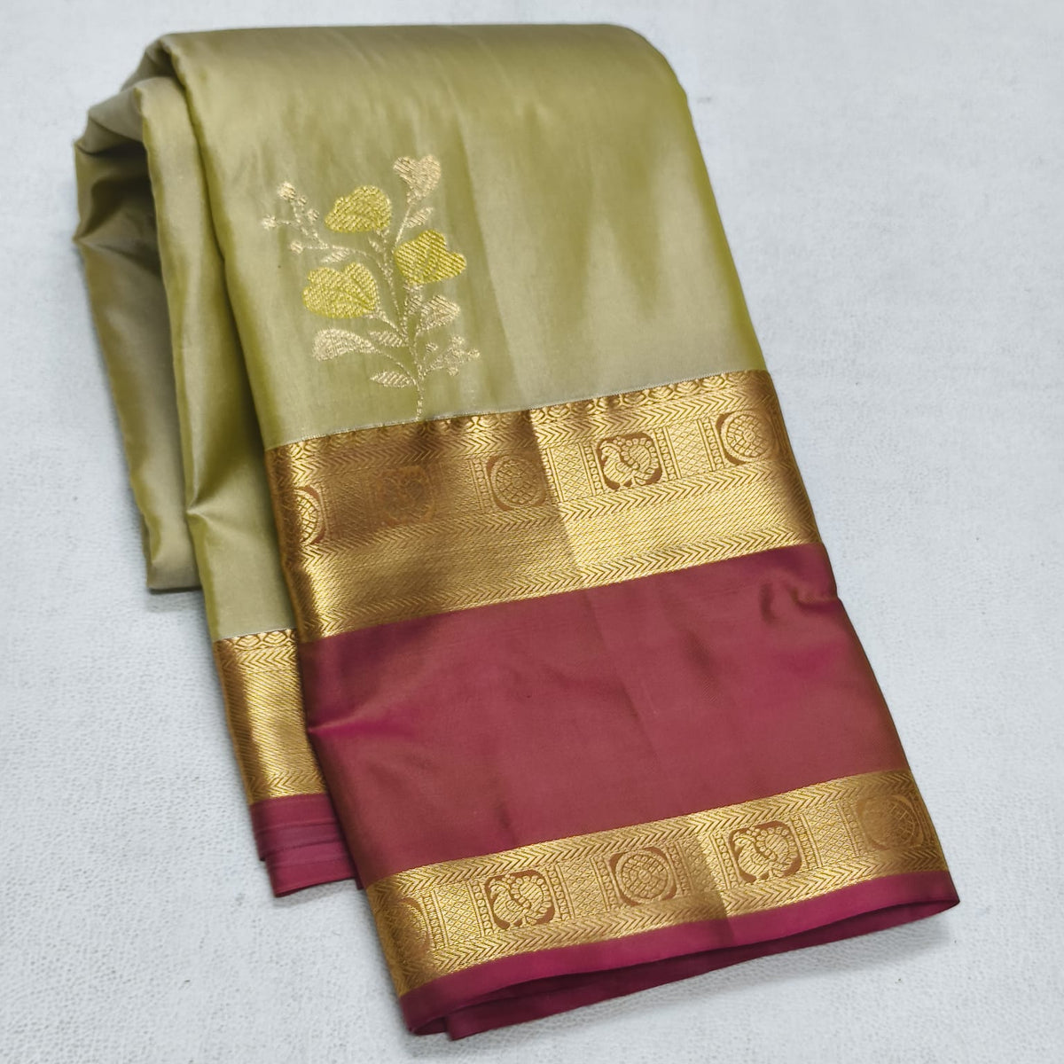 Elegant Olive Gold Semi Silk Saree with Maroon Contrast Bentex Zari Border