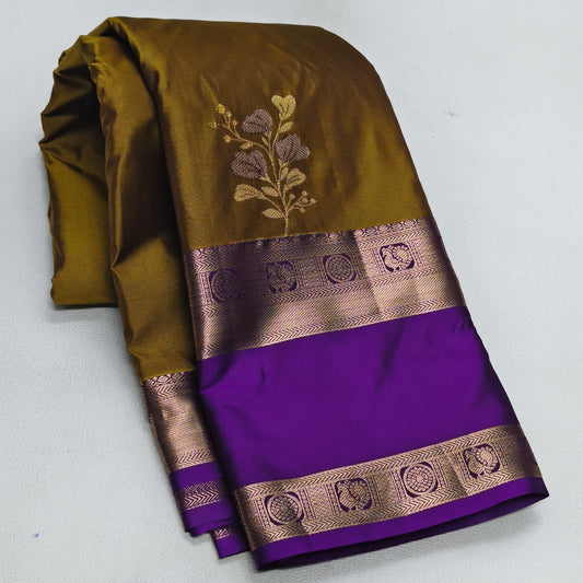 Elegant Antique Mustard Gold Semi Silk Saree with Royal Purple Contrast Bentex Zari Border