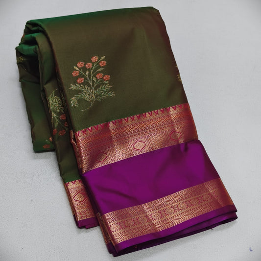 Elegant Mehndi Green Semi Silk Saree with Magenta Contrast Bentex Zari Border