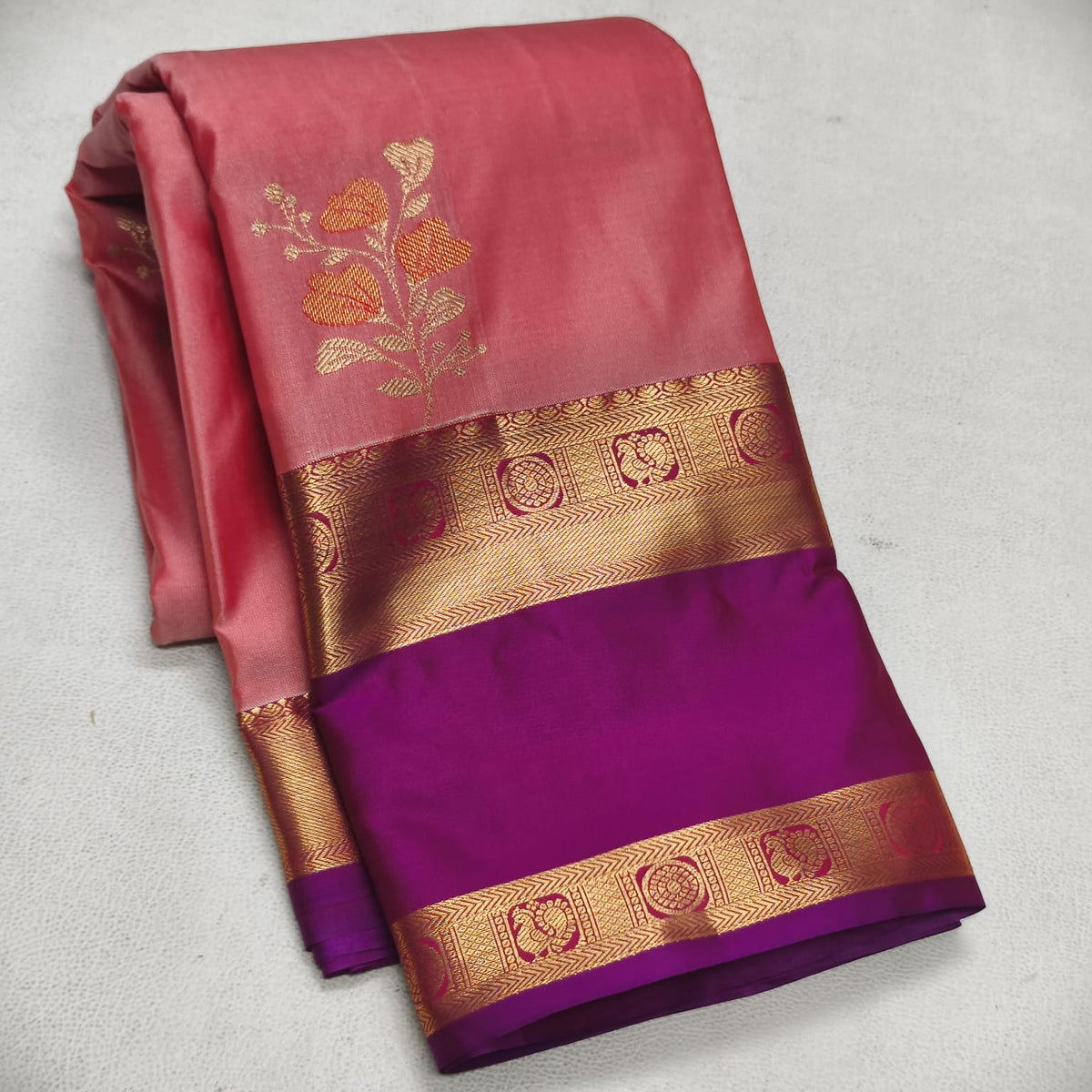 Elegant Peach Pink Semi Silk Saree with Magenta Contrast Bentex Zari Border