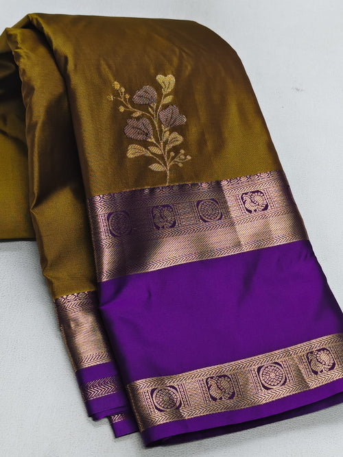 Elegant Antique Mustard Gold Semi Silk Saree with Royal Purple Contrast Bentex Zari Border