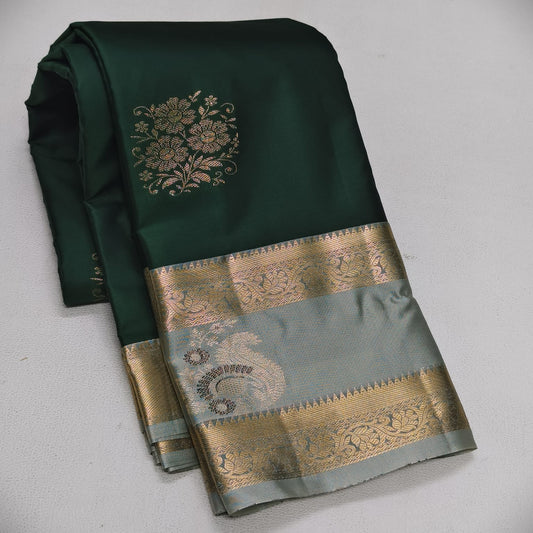 Elegant Dark Green Semi Silk Saree with Grey Contrast Bentex Zari Border