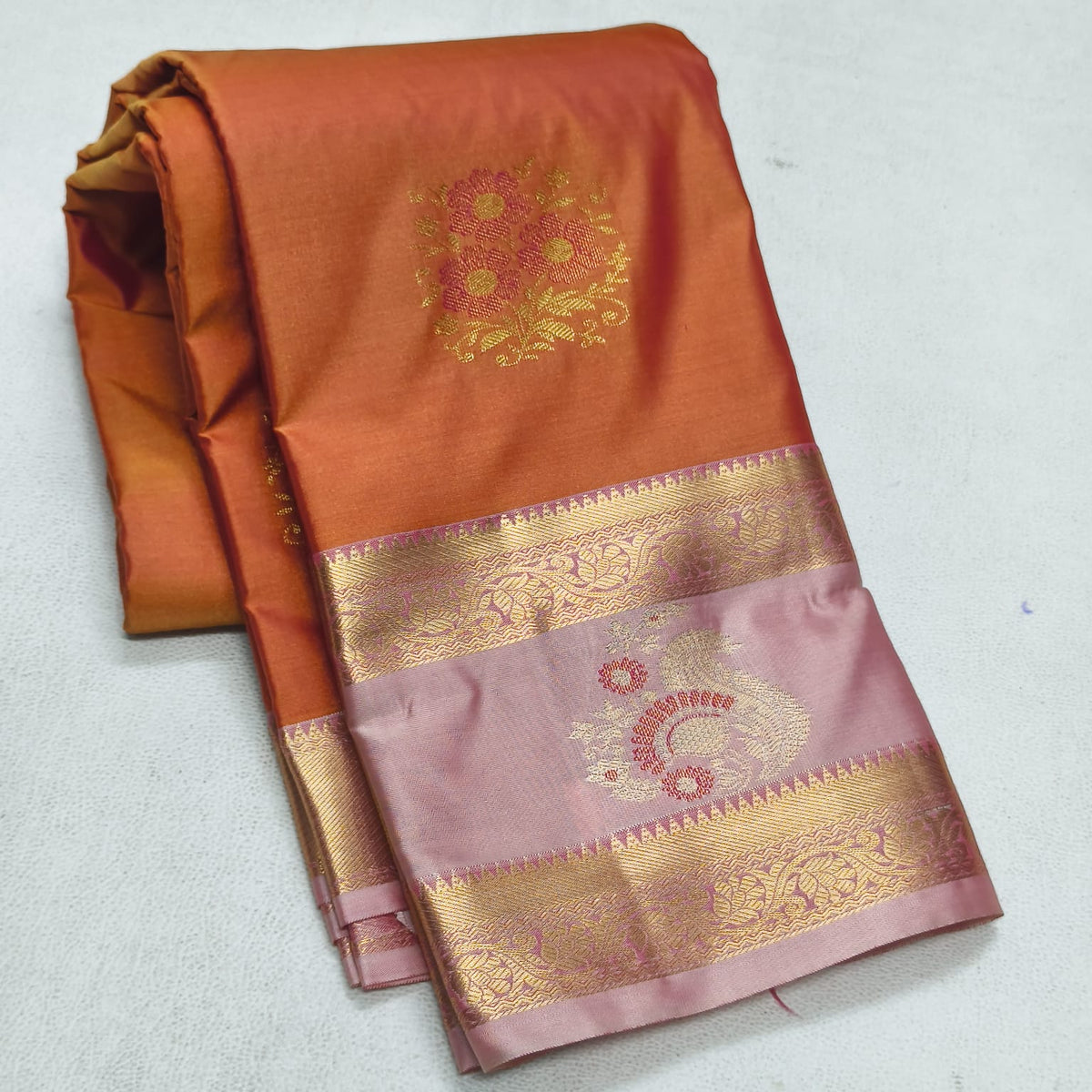 Elegant Orange Semi Silk Saree with Soft Lilac Pink Contrast Bentex Zari Border