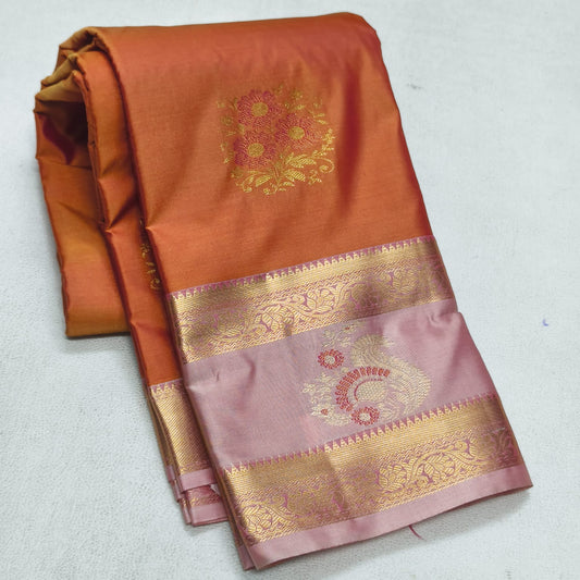 Elegant Orange Semi Silk Saree with Soft Lilac Pink Contrast Bentex Zari Border