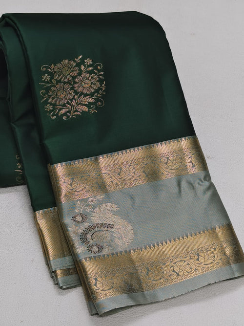 Elegant Dark Green Semi Silk Saree with Grey Contrast Bentex Zari Border