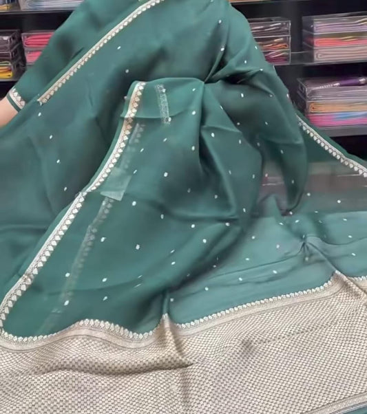 Handloom Banarasi Kora Silk Saree Sea Green with Antique Kaduwa Zari Weave