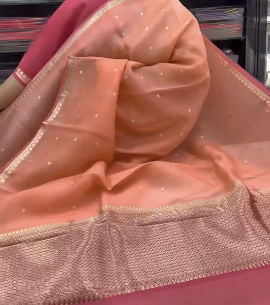 Handloom Banarasi Kora Silk Saree Peach Pink with Antique Kaduwa Zari Weave & Contrast Border