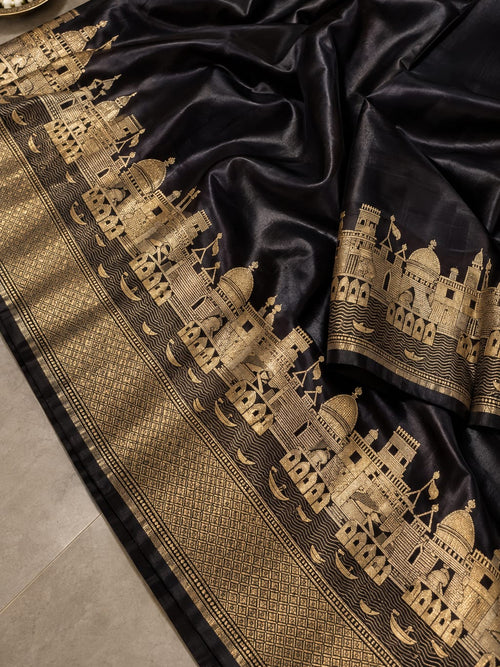 Alluring Banarasi Mashru Pure Silk Saree – Royal Black with Ganga Ghat Woven Border