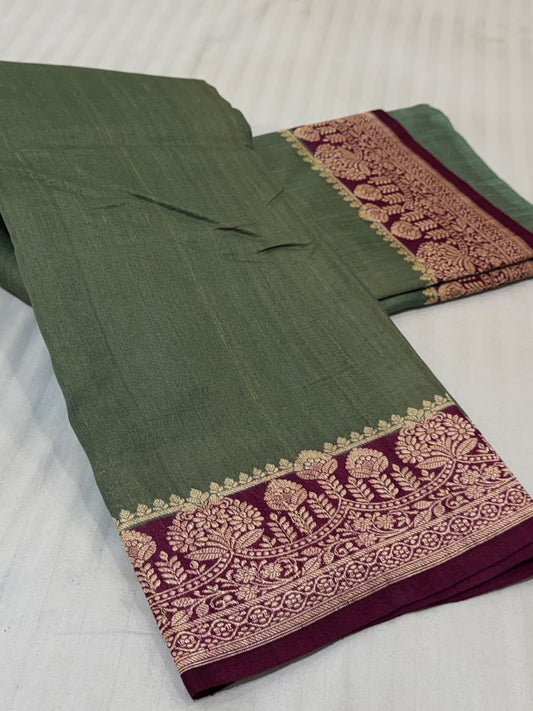 Banarasi Tussar Georgette Saree – Sea Green & Deep Wine Contrast with Gold Zari Floral Border